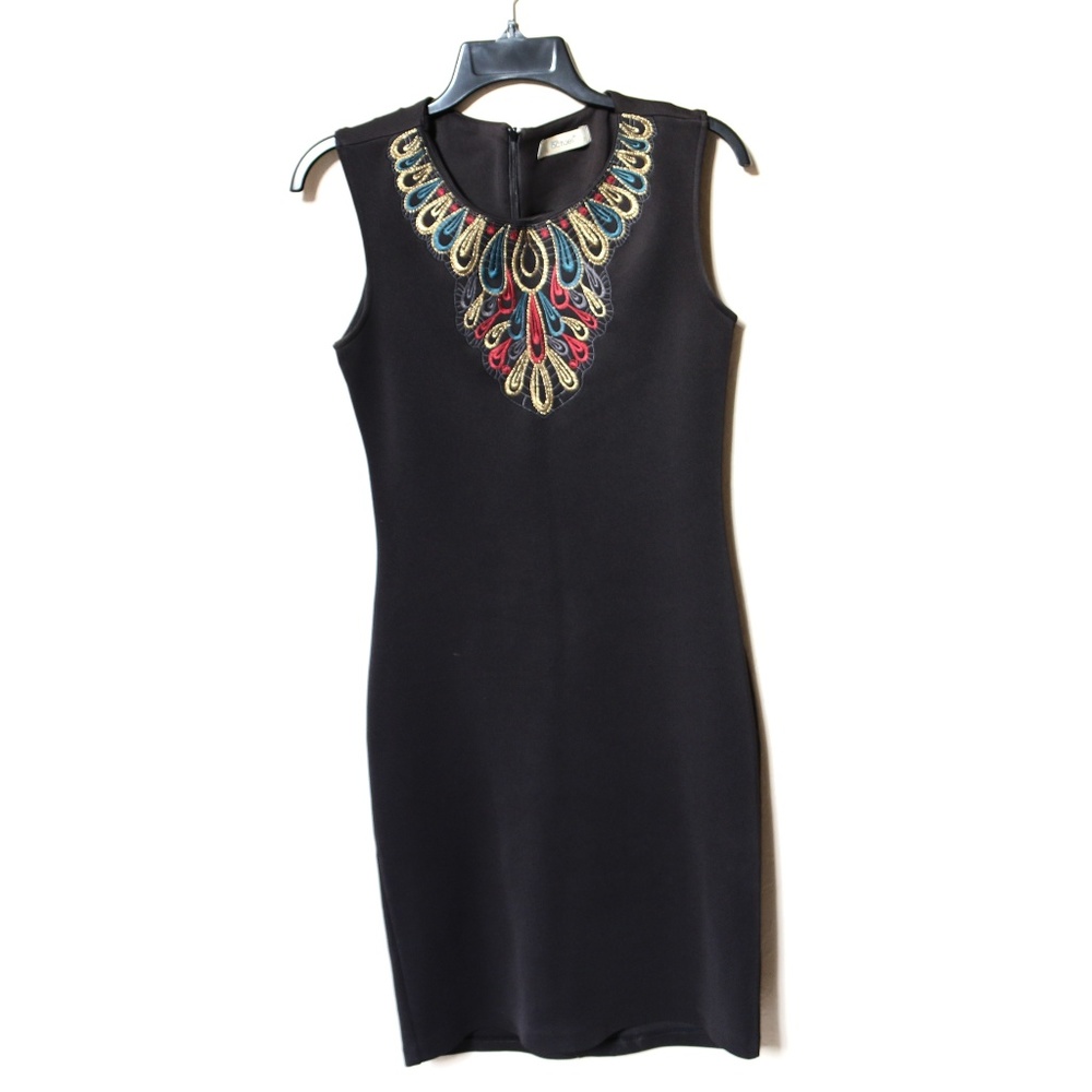 Stretch Thick Fabric Embroidered Black Dress